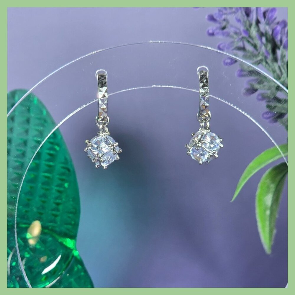 Sterling Silver Hoop‎ Earrings With Dangling Cubic Zirconia Squares (NWOT)